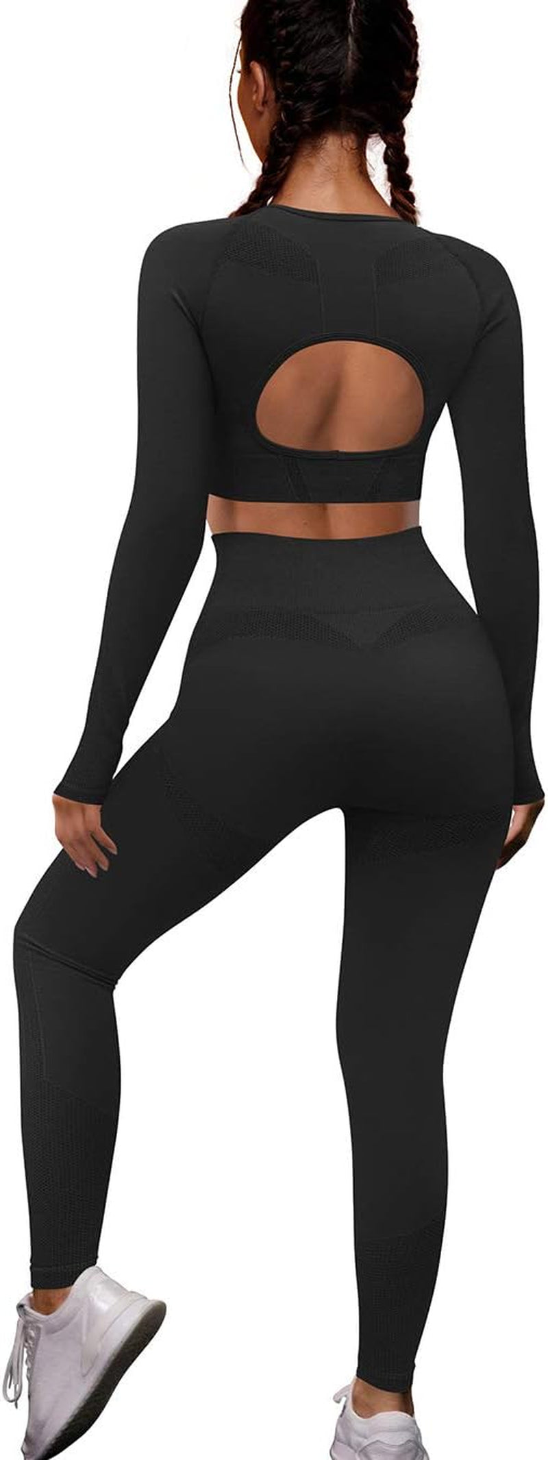 Workout Sets for Women 2 Piece Outfits Seamless High Waist Yoga Leggings Long Sleeve Crop Tops Active Gym Clothes