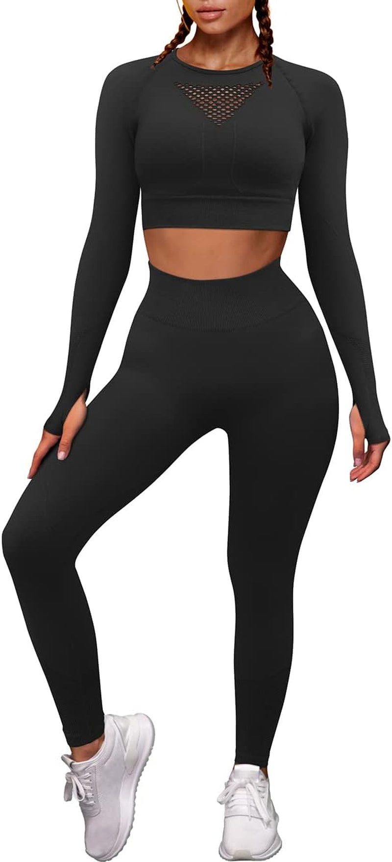 Workout Sets for Women 2 Piece Outfits Seamless High Waist Yoga Leggings Long Sleeve Crop Tops Active Gym Clothes