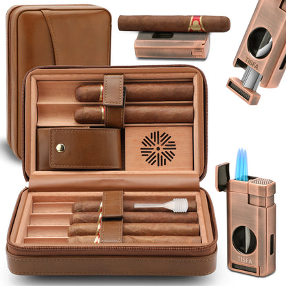 Cigar Humidor, Cedar Wood Cigar Case with Cigar Lighter, V Cut Cigar Cutter,Cigar Holder 3 in 1 Travel Cigar Humidor Box