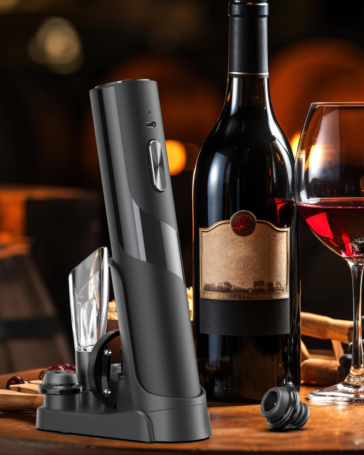 Rechargeable Wine Opener Electric Wine Bottle Opener 7-In-1 Wine Gift Set with Electric Vacuum Pump, Charging Station, Foil Cutter, Wine Aerator Pourer and 2 Wine Stoppers