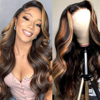 Black Brown Highlight Ombre Lace Front Wig Human Hair Honey Blonde Ombre Lace Front Wig Glueless Body Wave Lace Closure Wigs 4X4 Pre Plucked Bleached Knots for Women Balayage 26 Inch