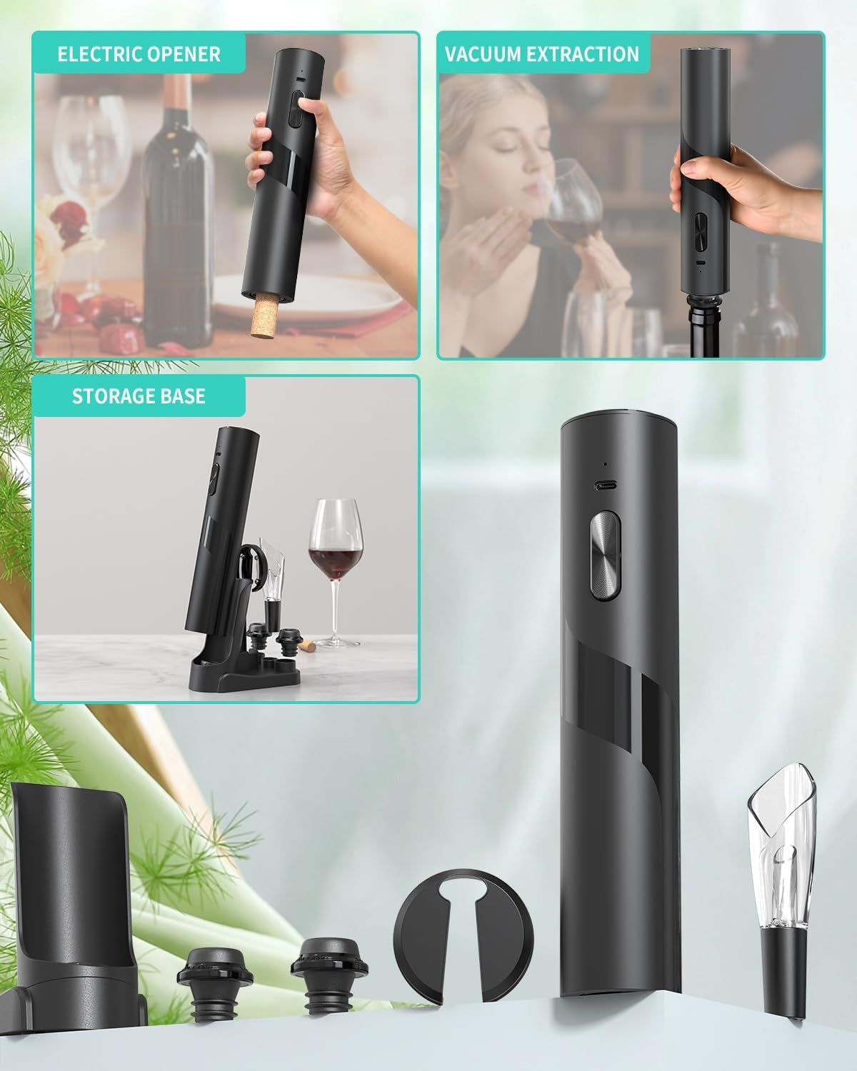 Rechargeable Wine Opener Electric Wine Bottle Opener 7-In-1 Wine Gift Set with Electric Vacuum Pump, Charging Station, Foil Cutter, Wine Aerator Pourer and 2 Wine Stoppers